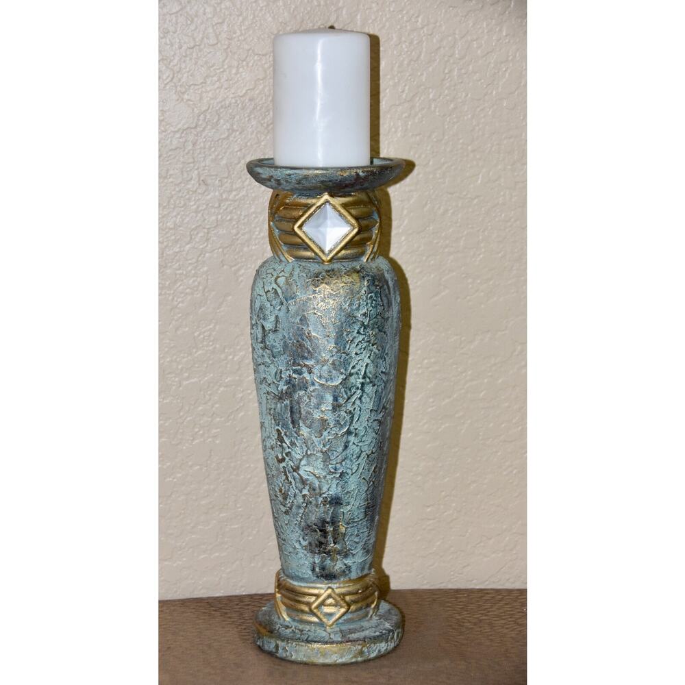Jaru Art Deco Green and Gold Cast Stone Ceramic Pillar Candle Holder